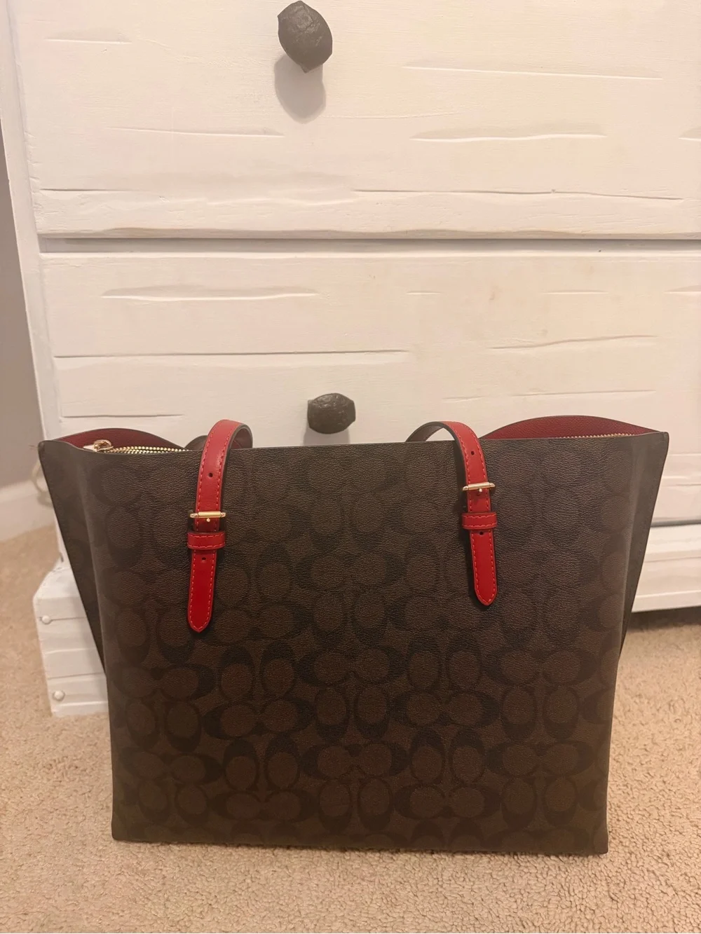 Coach Brown Signature Canvas Tote with Red Leather Trim and Straps